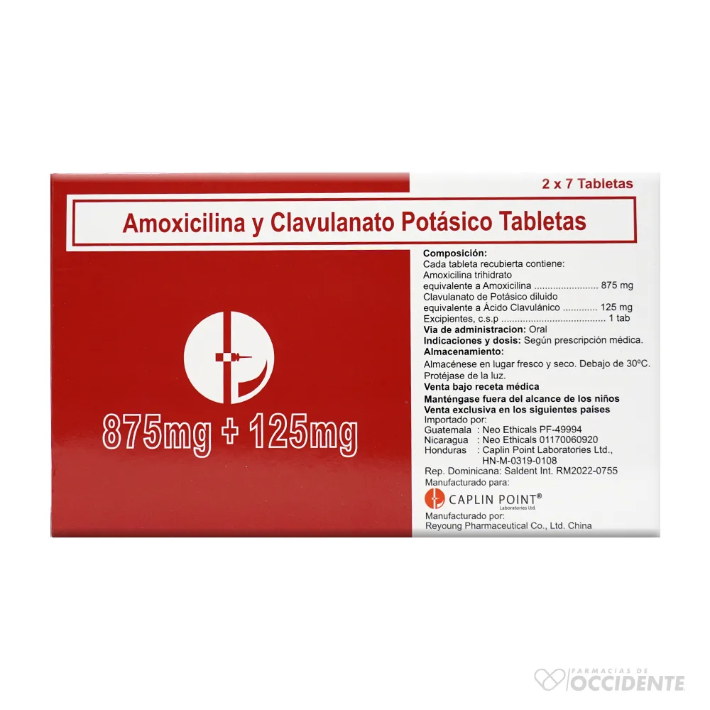 Amoxicilina 875mg + Ácido Clavulánico 125mg *14 Tabletas Recubiertas ...